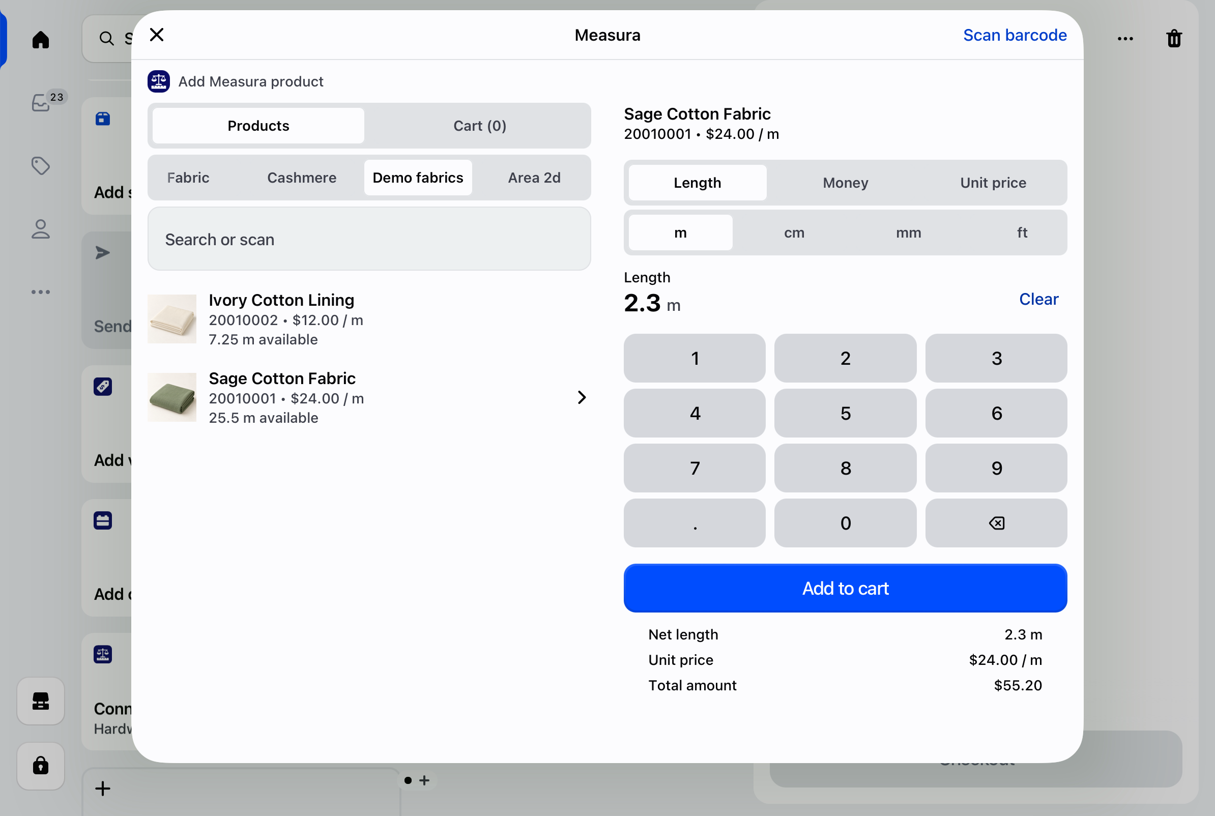 Measura on iPad showing 2.3 metres of Sage Cotton Fabric at $24/m, a $55.20 total, and decimal fabric stock balances.