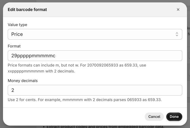 Measura Edit barcode format dialog with Value type Price, format 29pppppmmmmmc, and Money decimals set to 2.