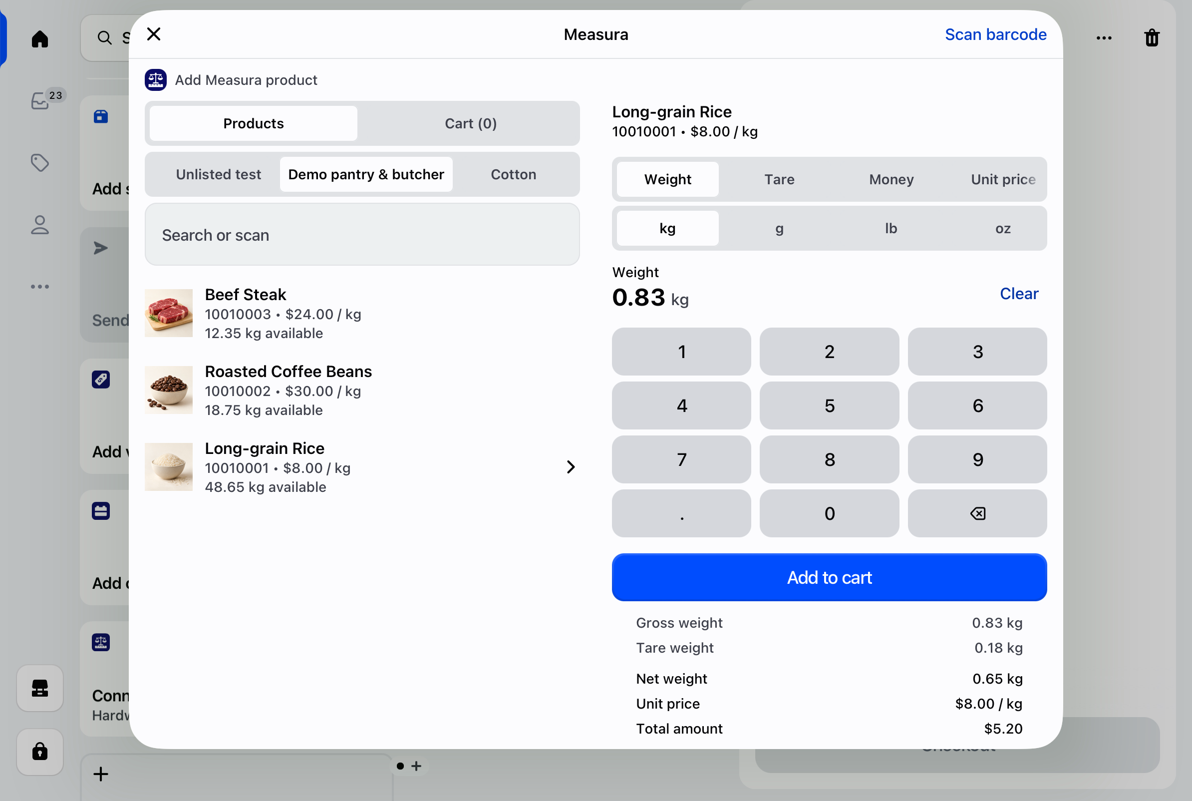 Measura on iPad showing 0.83 kg gross rice weight minus 0.18 kg container tare, leaving 0.65 kg priced at $5.20.