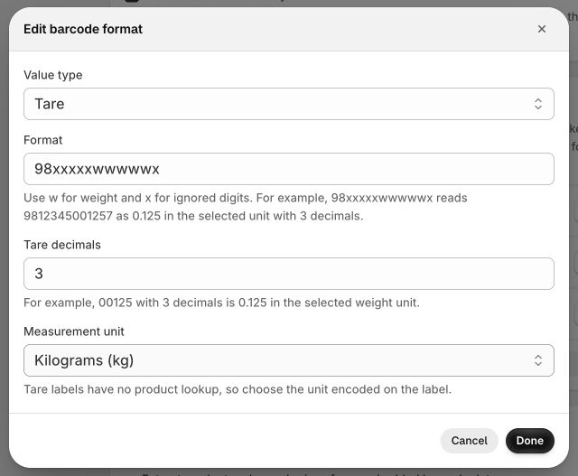 Measura Edit barcode format dialog showing Tare, format 98xxxxxwwwwwx, three tare decimals, and Kilograms (kg).