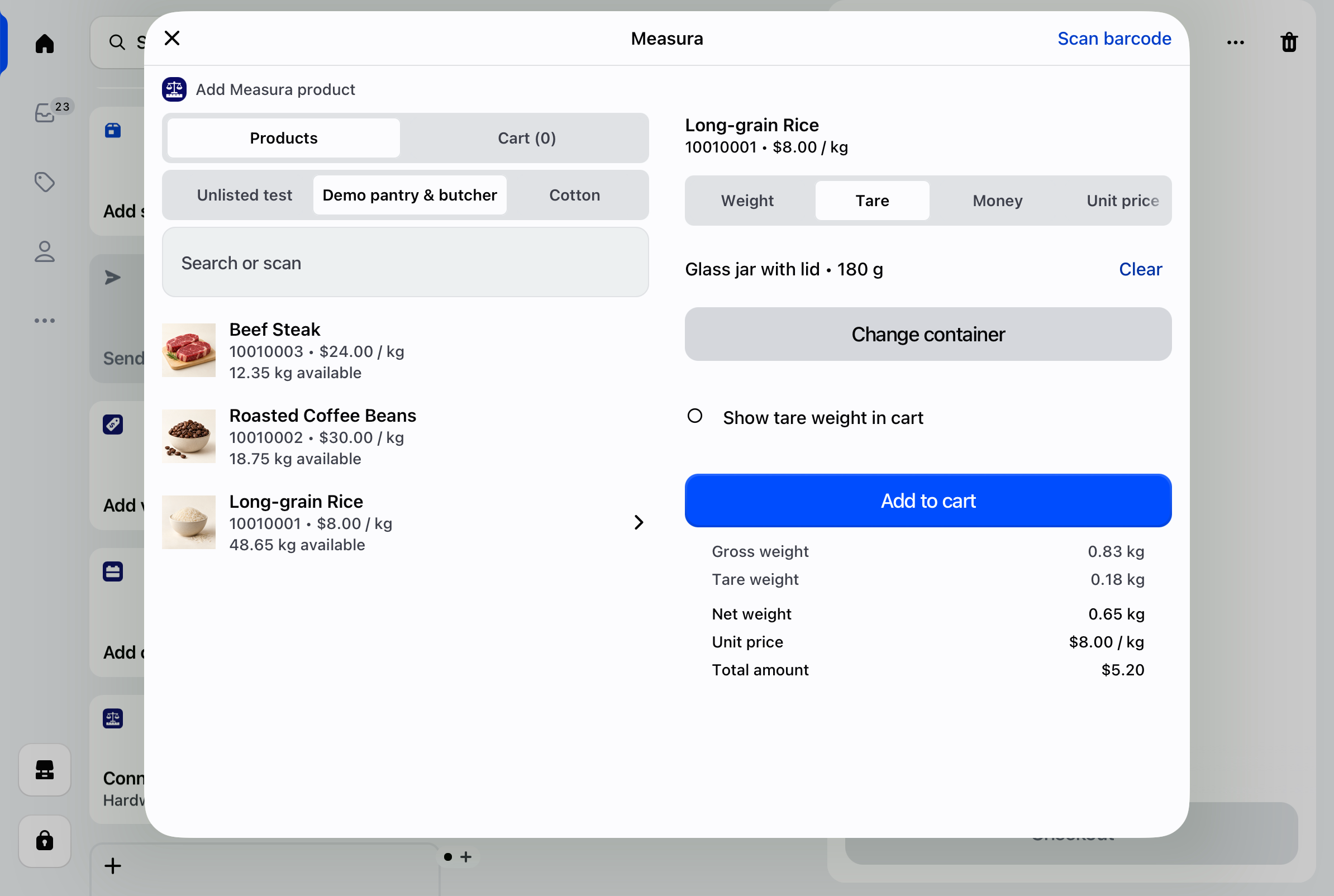 Measura on iPad showing the selected Glass jar with lid preset, 0.83 kg gross weight, 0.18 kg tare, 0.65 kg net rice, and a $5.20 total.