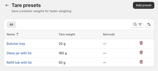 Measura Tare presets settings with a 30 g Butcher tray, 180 g Glass jar with lid, and 50 g Refill tub with lid.