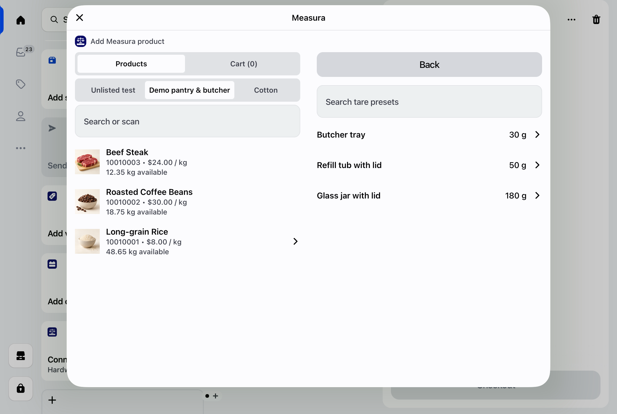 Measura on iPad showing the tare preset picker with saved jar, tub, and tray weights beside the rice product list.