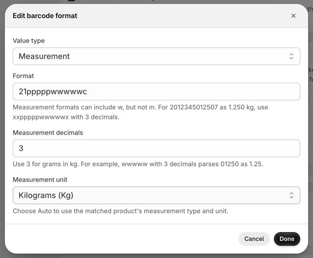 Measura Edit barcode format dialog showing Measurement, format 21pppppwwwwwc, three measurement decimals, and Kilograms (Kg).